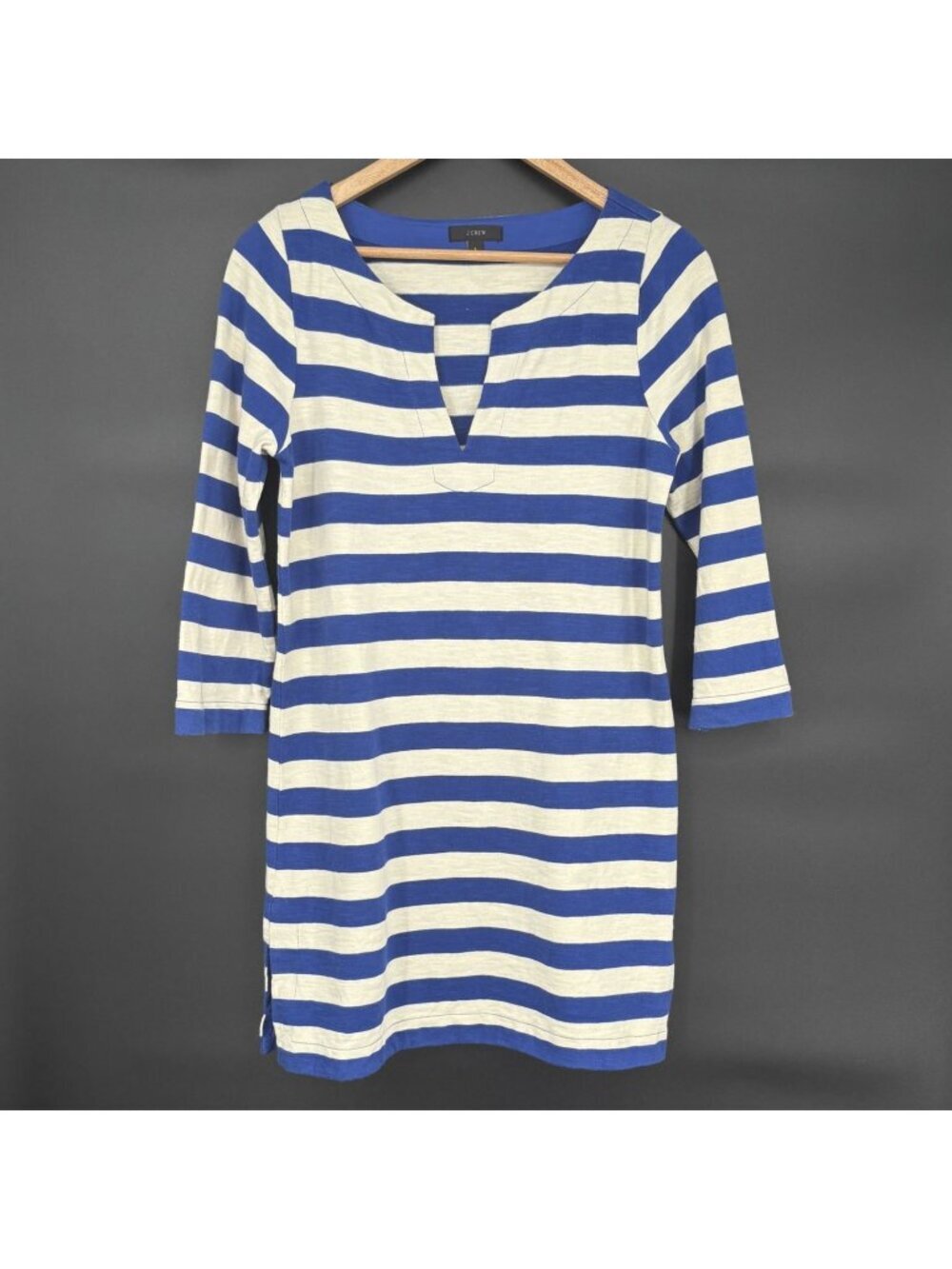 J.Crew Womens Striped Tunic Dress S Blue White 3/4 Sleeve Split Neck 100% Cotton